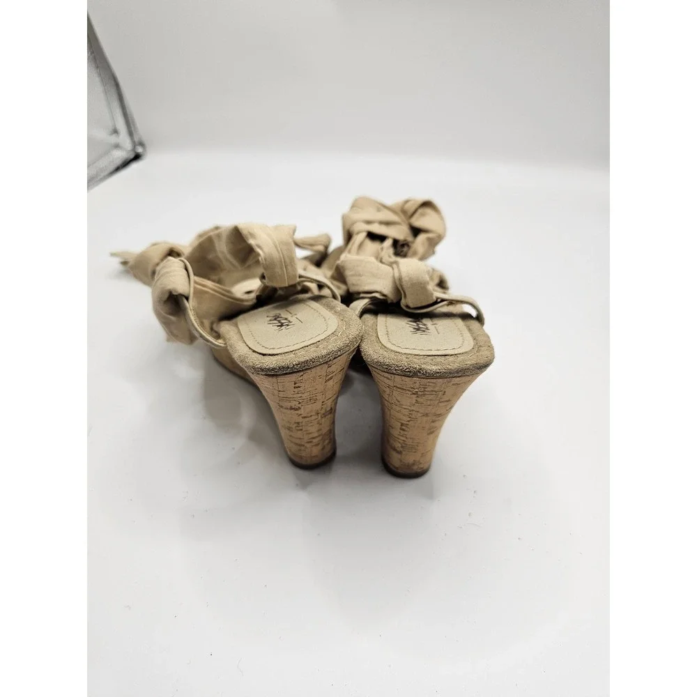 Mossimo Womens Tan Fabric Ankle Tie Cork Wedge Sandals Beige Bohemian Size 7.5